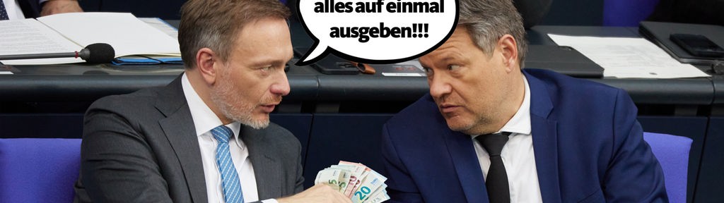Satirische Fotomontage: Christian Lindner reicht Robrt Habeck ein paar Euro-Scheine und sagt "Nicht alles auf einmal ausgeben!"